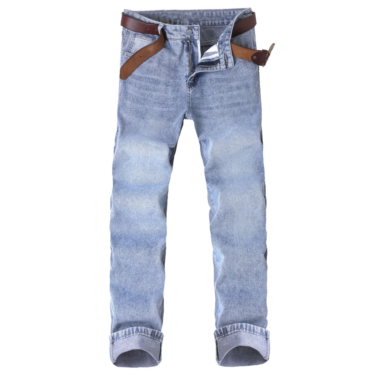 Men's Classic Straight Fit Jeans – Light Blue Comfortable Cotton Denim Pants With Relaxed Cut, Slimming Effect & Year-Round Versatility_mkmklike.com