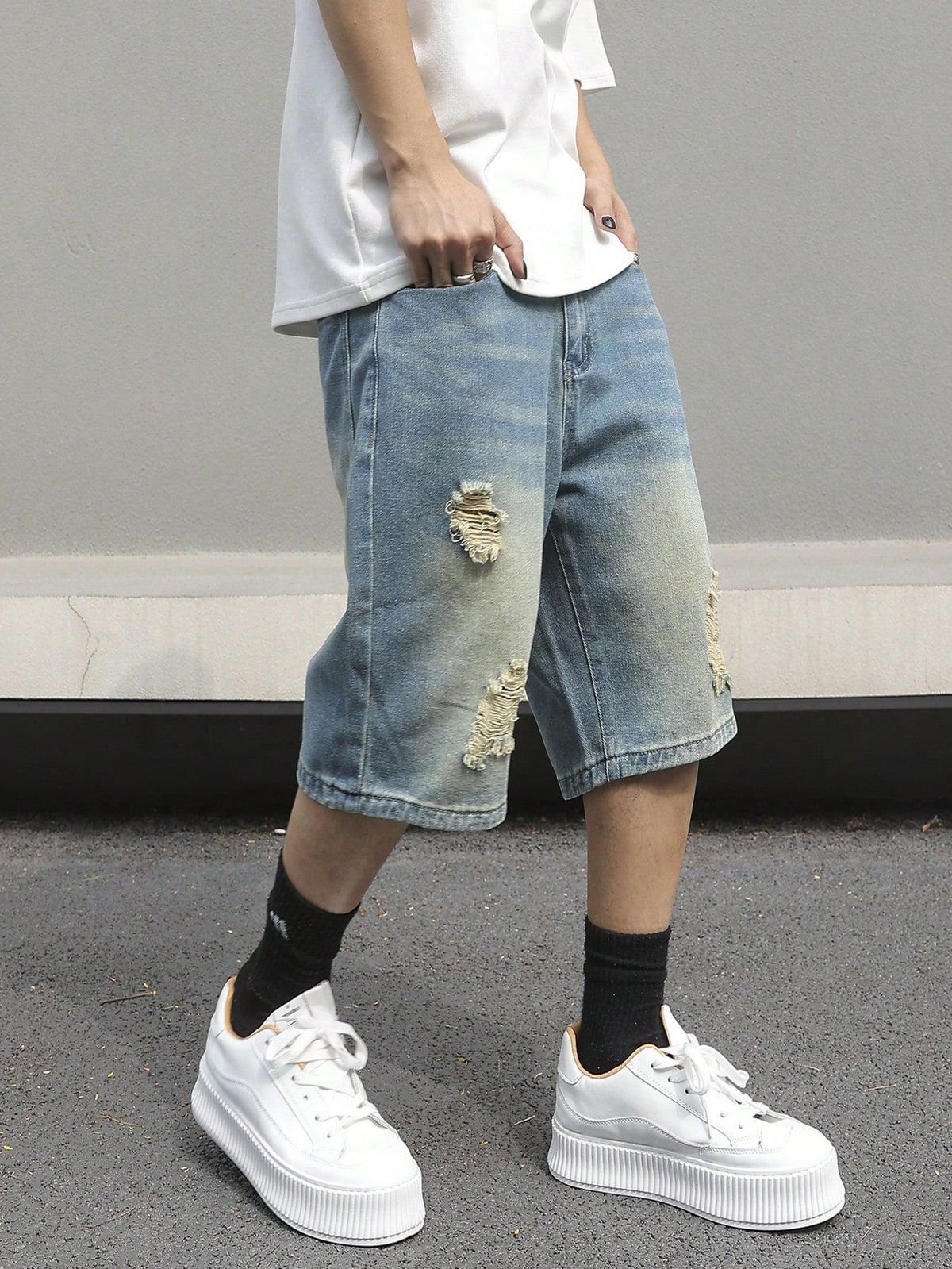 Men's Clothing American Style Washed Distressed Denim Shorts Summer Loose Fit Plus Size Retro Casual Five Point Pants_mkmklike.com