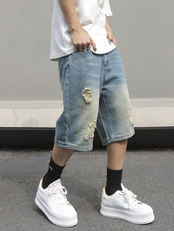 Men's Clothing American Style Washed Distressed Denim Shorts Summer Loose Fit Plus Size Retro Casual Five Point Pants_mkmklike.com