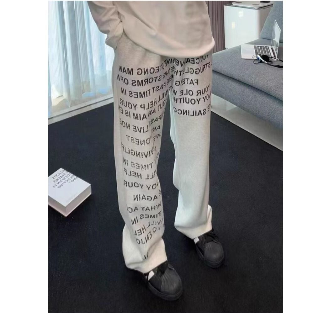 2025 American Retro Letter Slogan Graffiti Men's And Women's Autumn Stylish Straight Leg Casual Stacked Pants_mkmklike.com