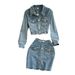Women's Denim Jacket & High Waist Pencil Skirt Two-Piece Set - Slim Fit Short Cropped Blazer With Button Front & Bodycon Mini Skirt (Blue, S/M/L)_mkmklike.com