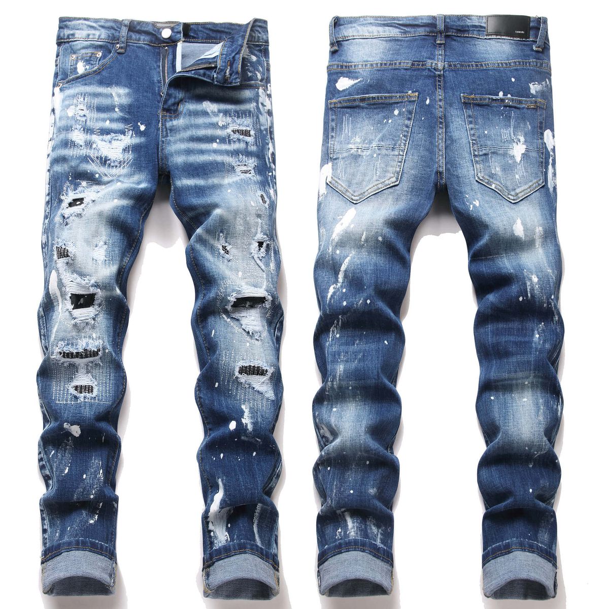Men's Clothing Men's Slim Fit Stretch Denim Jeans With Handmade Rips & Embroidery - High Street Blue Washed Skinny Jeans For Youth Fashion_mkmklike.com