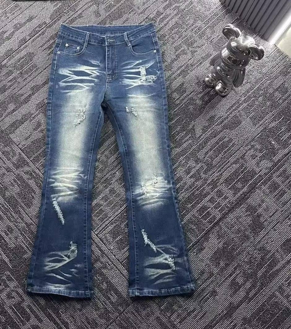 Authentic 1970s Vintage Distressed Jeans – Men's Slightly Flared Loose Fit Denim With Whiskering & Ripped Details (S-3XL, Retro Blue Wash)_mkmklike.com