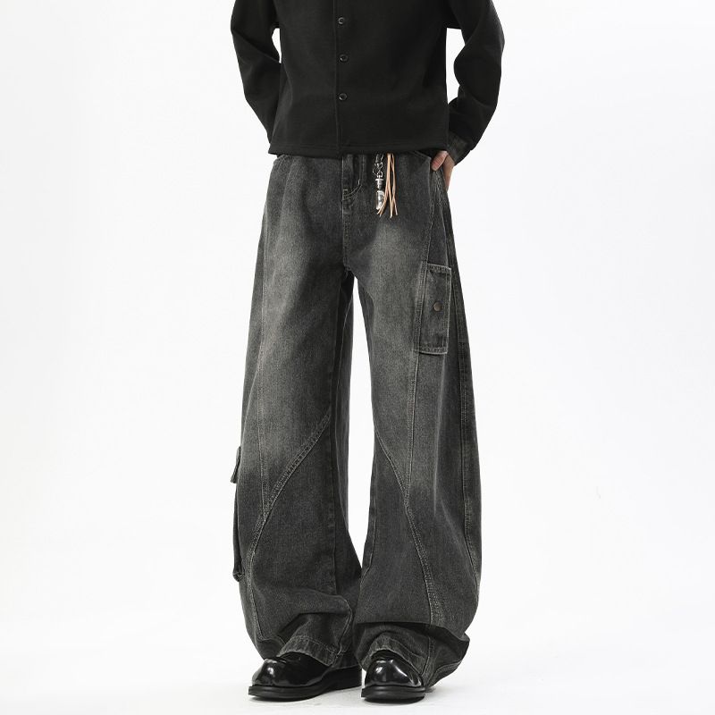 High Street Deconstructed Multi-pocket Jeans For Men, Autumn Trendy Design Wide-leg Pants, American-style Washed_mkmklike.com