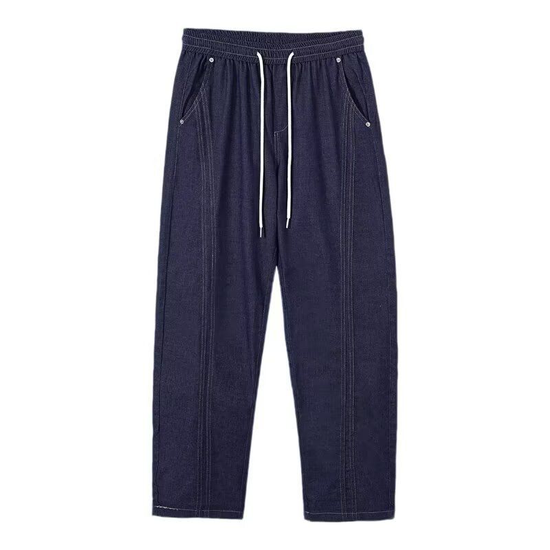 Spring Style Washed Denim Jeans For Men Stitching Durable Drawstring Loose Fit Casual Fashionable Versatile Pants_mkmklike.com