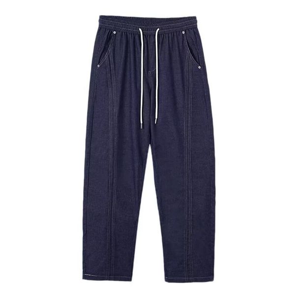 Spring Style Washed Denim Jeans For Men Stitching Durable Drawstring Loose Fit Casual Fashionable Versatile Pants_mkmklike.com