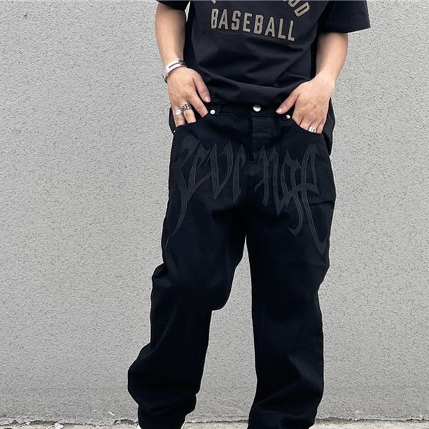 Men's Clothing Large Size High Street Retro Embroidered Letters Straight Hip Hop Loose Black Denim Trousers_mkmklike.com