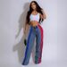 Women's Fashion Patchwork Striped Color-Block Denim Pants – Stretch Waist Straight Leg Casual Trousers_mkmklike.com