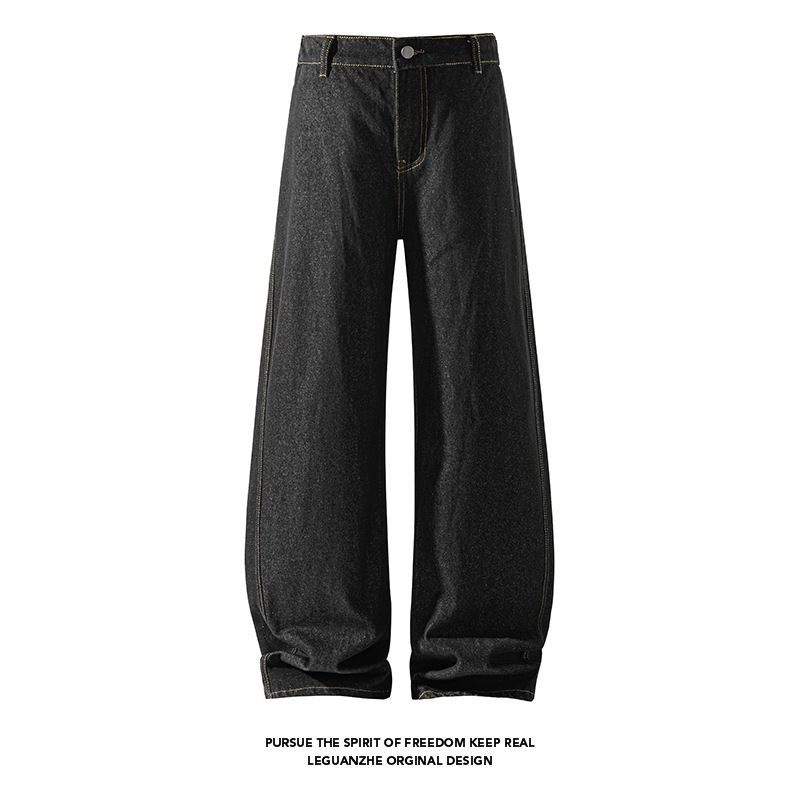 American High Street Autumn Winter Retro Casual Denim Raw Cowhide Scimitar Jeans Unisex Loose Plus Size Straight Long_mkmklike.com