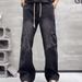 Men's Distressed Denim Jeans – Straight Leg Stretch Fit With Elastic Waist, Edgy Solid Color For Urban Streetwear_mkmklike.com