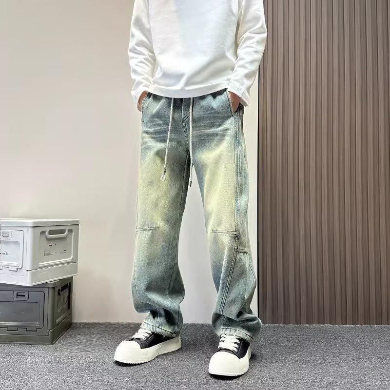 Men's Retro Washed Distressed Wide Leg Jeans Loose Straight Fit Curved For Spring And Autumn_mkmklike.com