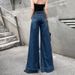 Women's Clothing High Waist Wide Leg Jeans - Stretchy Retro Blue Flared Trousers With Vintage Wash & Floor-Length Design_mkmklike.com