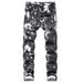 Men's Colorful Floral Print Stretch Denim Casual Wide Leg Pants mid Waist Black Blue Non-Stretch Cotton Long Jeans_mkmklike.com