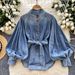 Women's Clothing Retro Tie Waist Stand Collar Lantern Sleeve Long Sleeve Denim Shirt_mkmklike.com