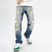 Men's American High Street Style Washed Distressed Patched Jeans Loose Straight Leg Flared Trousers Casual Trendy Midweight Cotton_mkmklike.com