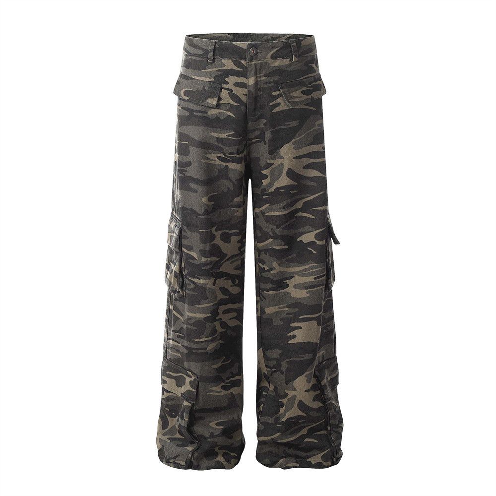 Loose Wide-Leg Camouflage Cargo Men Multi-Pocket Design Sense Denim Straight-Leg Pants High Street Vibe Trend_mkmklike.com