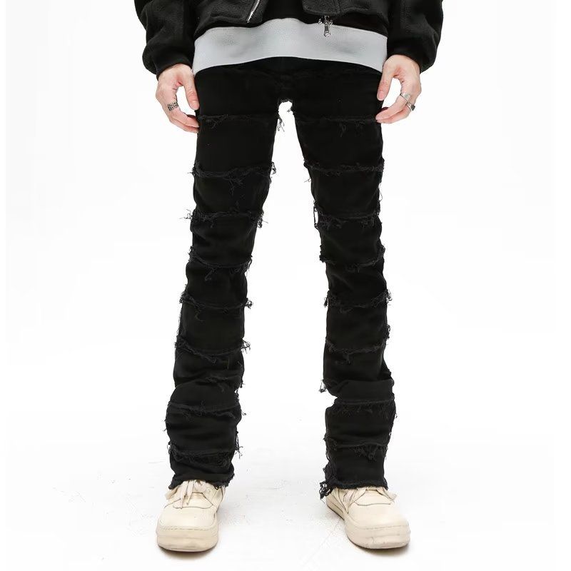 "Men's Vintage Raw Hem Slim Jeans – Distressed High-Waisted Hip Hop Denim Pants With Urban Street Style"_mkmklike.com