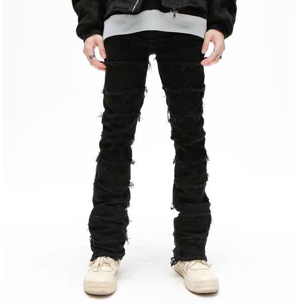 "Men's Vintage Raw Hem Slim Jeans – Distressed High-Waisted Hip Hop Denim Pants With Urban Street Style"_mkmklike.com