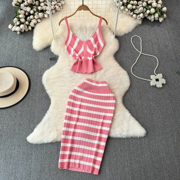 Women's Clothing all match contrast color striped ice silk knitted suit _mkmklike.com