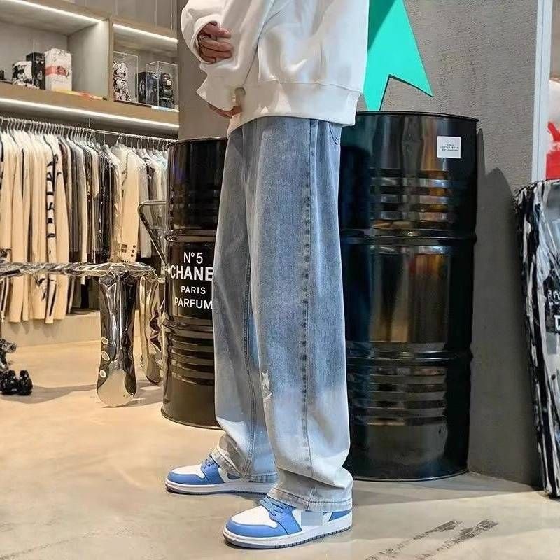 Men's Fleece-Lined Baggy Jeans – High Street Vintage Washed Denim With Smiley Print & Oversized Fit (Blue/Black)_mkmklike.com