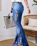Women's High Elastic Embroidered Flared Jeans Comfortable Elegant Casual Style With Frayed Edges All Year Round_mkmklike.com