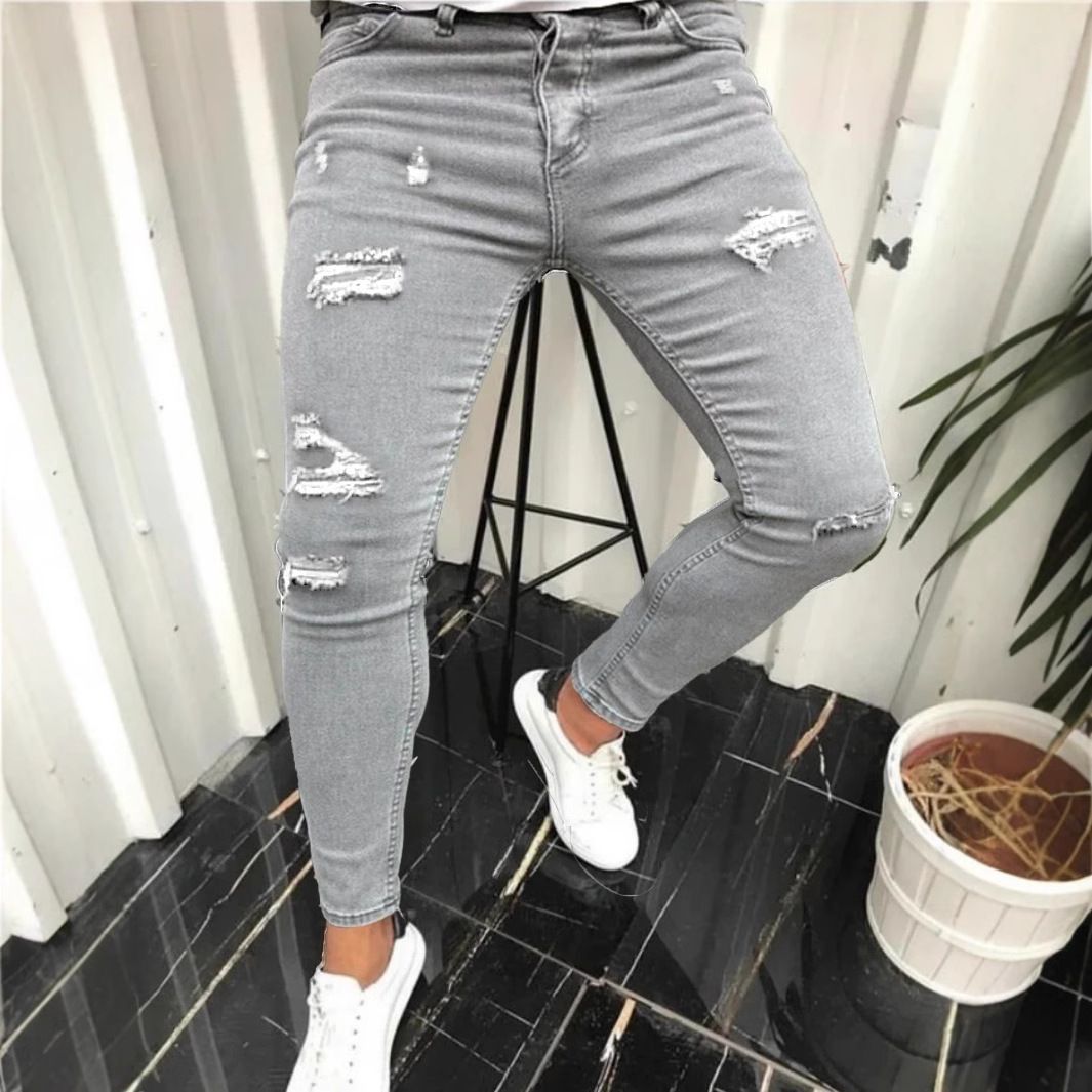 Men's Clothing Ripped Slim Fit Men's Jeans Skinny Jeans Men's Slim Fit Ripped Jeans - Skinny Stretch Denim Pants For Casual Wear (Grey, XS-XXL)_mkmklike.com