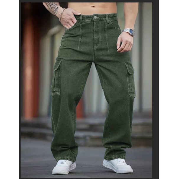 Men's Washed Green Cargo Jeans – Relaxed Fit, Multi-Pocket Utility Design, All-Season Comfort_mkmklike.com