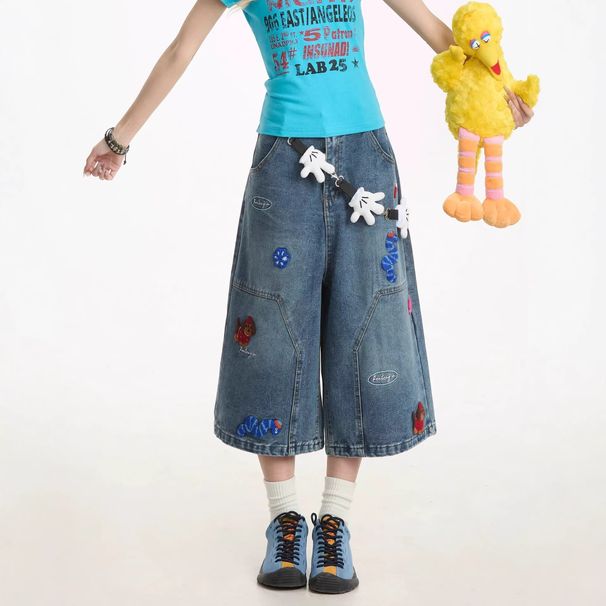 Women's Clothing Cow Embroidered Denim Cropped Pants For Women Loose Straight Leg Casual Versatile Wide Leg Trousers Summer Fashion_mkmklike.com