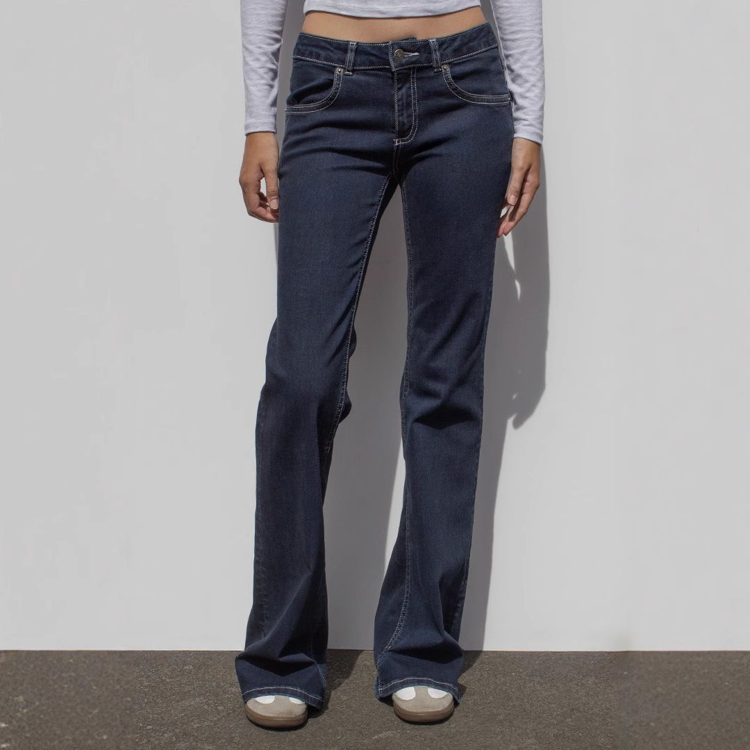 Women's Flared Stretch Jeans – Vintage Washed Denim Pants With Low-Rise Fit & Functional Pockets ( Light Blue/Y2K Revival Style)_mkmklike.com