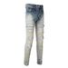 Men's Clothing European And American Ins Same Style Cat Whisker Wrinkled Patchwork Leather Patch Hole Elastic Slim Fit Skinny Jeans Jeans_mkmklike.com