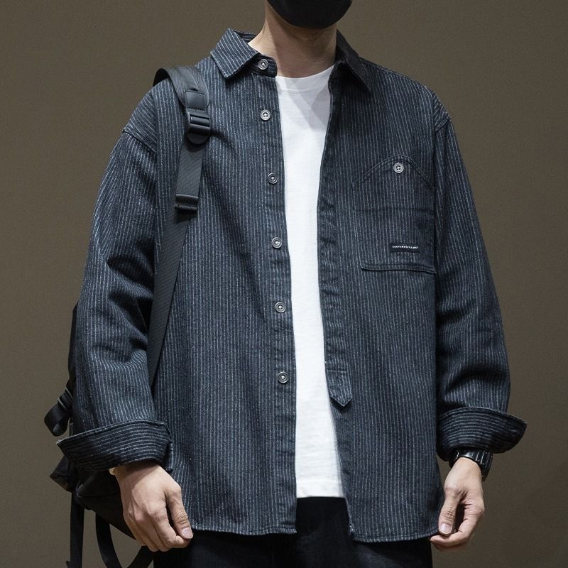 Striped Denim Long Sleeved Shirt, Men's Loose And Fashionable Versatile Shirt Jacket_mkmklike.com