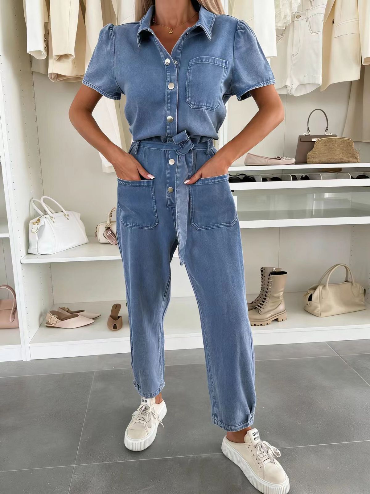 Women's Washed Denim Jumpsuit Lightweight Summer Romper Relaxed Fit Casual Wide Leg Pants V-Neck Short Sleeve Outfit_mkmklike.com