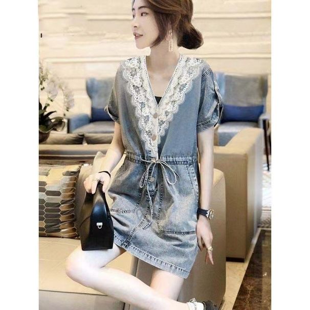 2025 Spring And Autumn New Lace V-Neck Dress, Women's High End Style, Temperament Splicing Cowboy Straight Tube Skirt_mkmklike.com