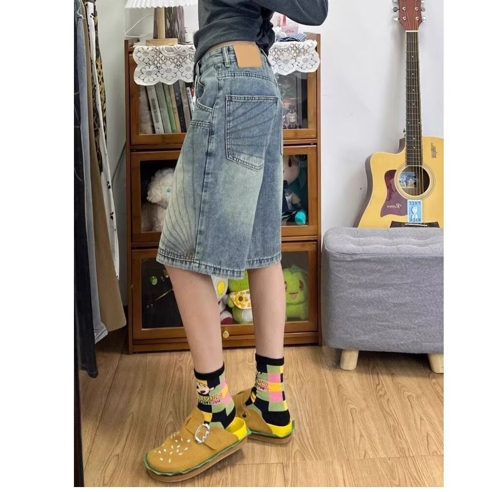 Unisex Retro Washed Design Straight Leg Cargo Denim Shorts Trendy Brand Loose Fitting Cross Border American Style Distressed_mkmklike.com