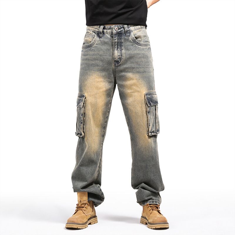 Tall Extended Version American Multi-pocket Tooling Jeans Men's Wide-leg Loose High Street Trendy Brand Heavy Large Size_mkmklike.com