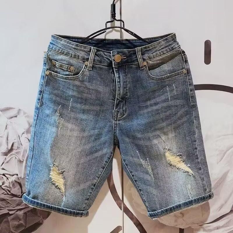 BOY Vintage Distressed Ripped Denim Trendy Brand Ins Loose Straight Five-Point Men Summer Thin Mid-Length Shorts_mkmklike.com