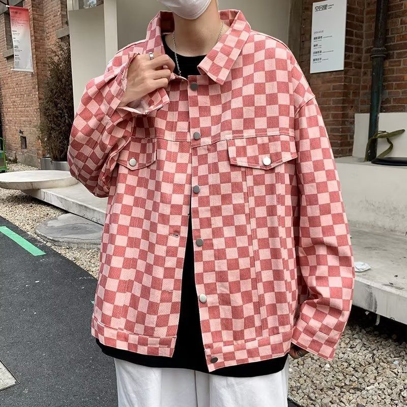 BOY 2024 Checkerboard Denim Men Autumn Winter Hong Kong Style Loose Cool American Trendy Vintage Workwear Jacket_mkmklike.com