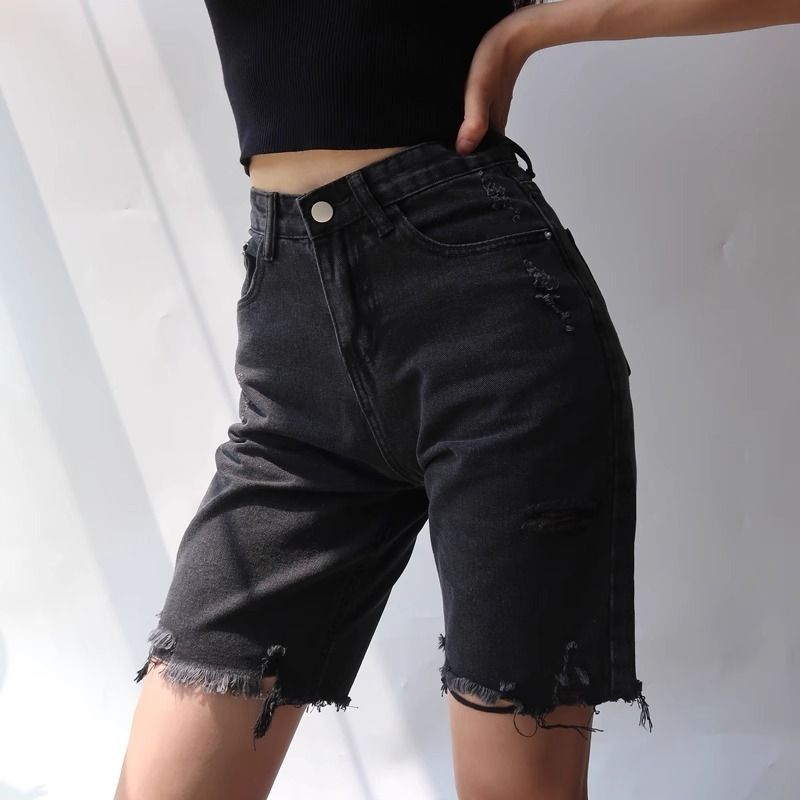 Women's Clothing Ripped Denim Shorts High Waist Black Loose Mid Length Pants Straight Five Point Pants_mkmklike.com