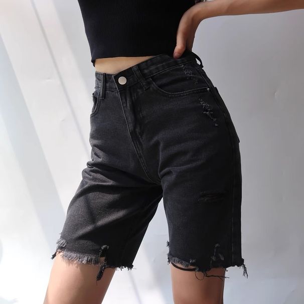 Women's Clothing Ripped Denim Shorts High Waist Black Loose Mid Length Pants Straight Five Point Pants_mkmklike.com