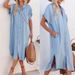 Women's Clothing Solid Color Denim Short Sleeve Dress Mid-Length Slit Shirt Dress_mkmklike.com
