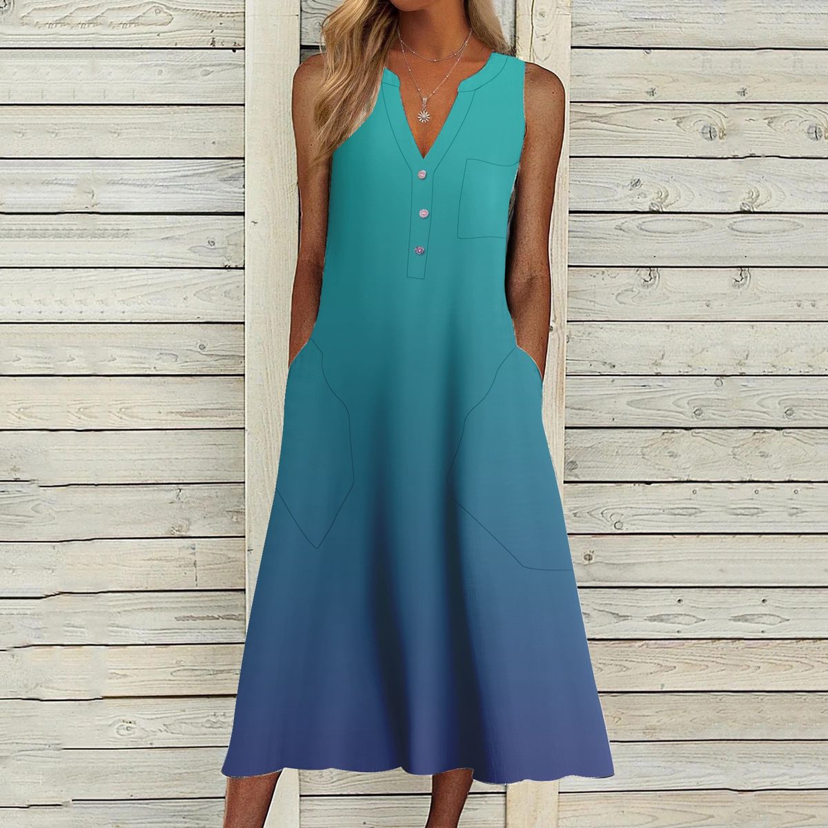 Women's Clothing Print pocket V-neck loose casual long dress woman_mkmklike.com