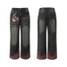 Color Block Plaid Loose Jeans Men's Trendy Design Heavy Washed Vintage Fun Print Wide Leg Pants_mkmklike.com