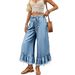 Women's Wide Leg Jeans Elastic Waist Drawstring Side Pleats Frayed Edges Lace up Design Denim_mkmklike.com