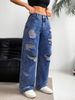 Women's High-Waisted Straight-Leg Jeans – Distressed Washed Denim With Ripped Details (Light Blue/Deep Blue)_mkmklike.com