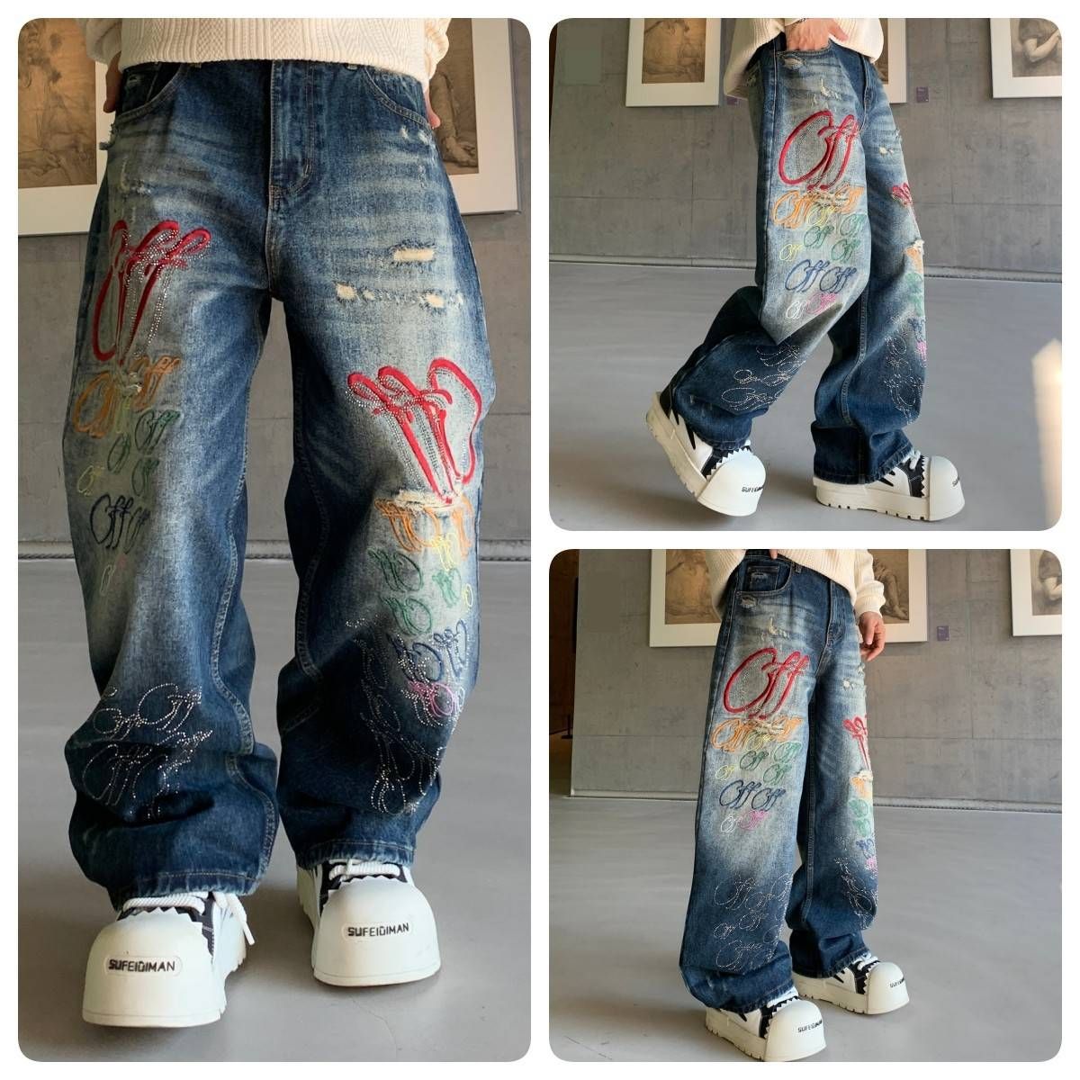 Men's Clothing Embroidered Jeans Unisex Streetwear Embroidered Jeans – Unisex Heavy-Duty Studded Denim Pants (L-XXXL) | Vintage Washed Blue_mkmklike.com
