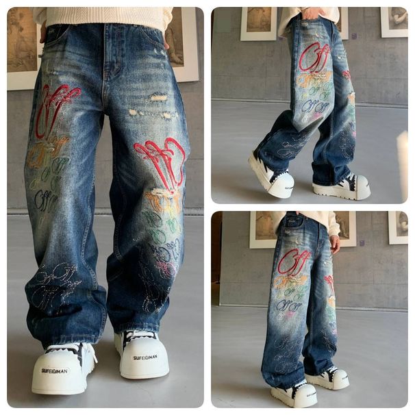 Men's Clothing Embroidered Jeans Unisex Streetwear Embroidered Jeans – Unisex Heavy-Duty Studded Denim Pants (L-XXXL) | Vintage Washed Blue_mkmklike.com