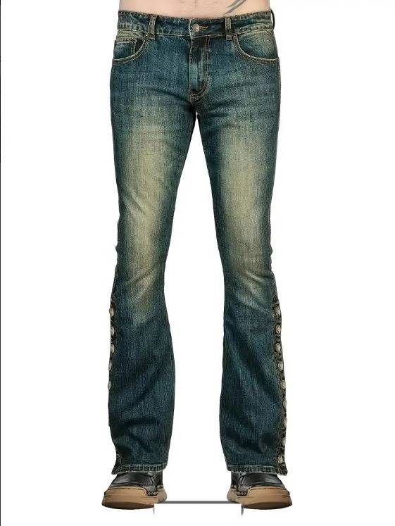 Slim Fit Vintage Button-Detail Men's Jeans With Flared Hem - Comfortable Cotton Denim For Casual & Stylish Look_mkmklike.com