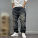 Men's Straight Leg Jeans Loose Fit Casual Versatile Long Pants American High Street Style Patterned Heat Transfer Print_mkmklike.com
