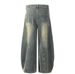American Stle Vintage Washed Denim Scimitar Pants Men Heav Stitching Split Deconstructed Loose Wide Leg Trousers_mkmklike.com