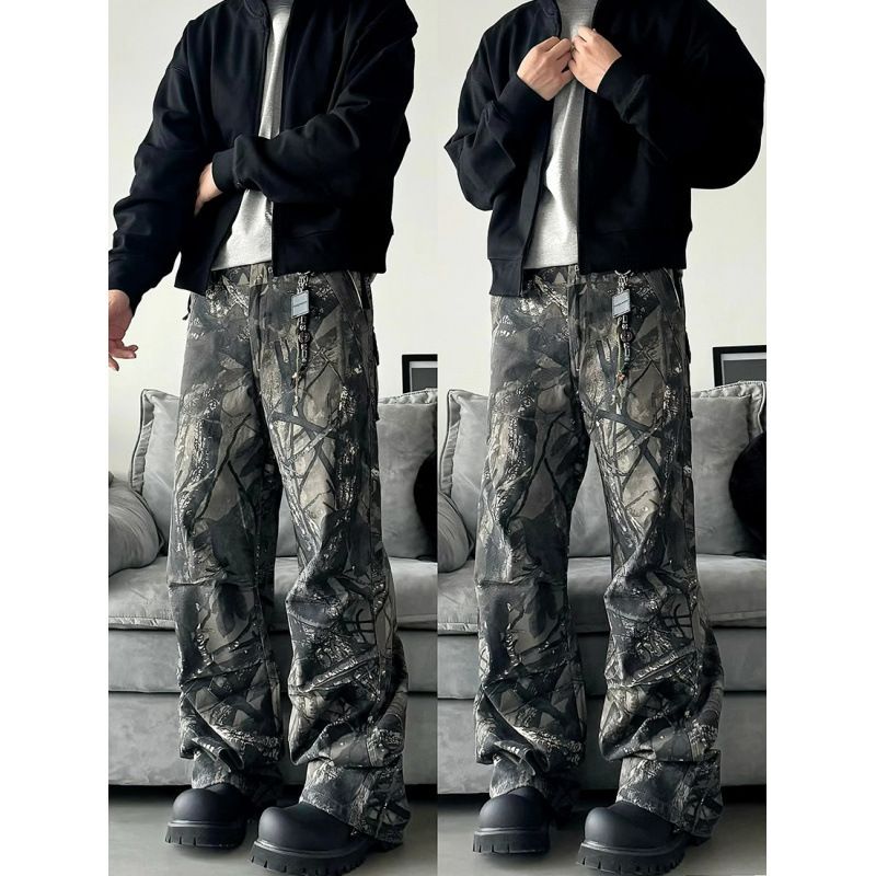 Men's Retro Camouflage Tree Branch Pattern Jeans Loose Straight Leg Cargo Pants Versatile Style For Spring And Autumn_mkmklike.com